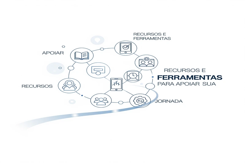 Diagrama de rede com ícones de livros, aplicativos e pessoas, representando recursos e ferramentas para apoiar a jornada de meditação e bem-estar.