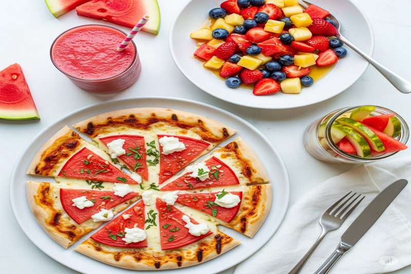 Diversas preparações com melancia suco, salada de frutas, pizza e conserva, mostrando versatilidade culinária.