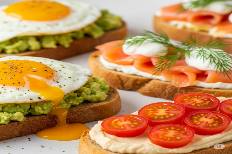 Diversas torradas salgadas nutritivas torrada com abacate e ovo frito com gema mole, torrada com salmão defumado e cream cheese, e torrada com homus e tomate cereja. Todas são opções saudáveis.