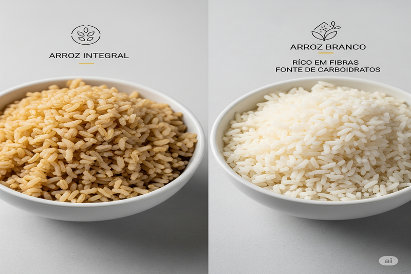 Duas tigelas lado a lado, uma com arroz integral e outra com arroz branco, ilustrando a diferença visual e nutricional entre os dois tipos de grão.