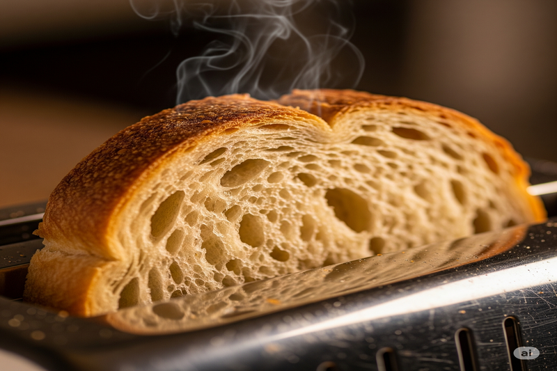 Fatia de pão de fermentação natural (sourdough) sendo tostada em uma torradeira, mostrando sua textura aerada, casca crocante e miolo dourado e poroso.