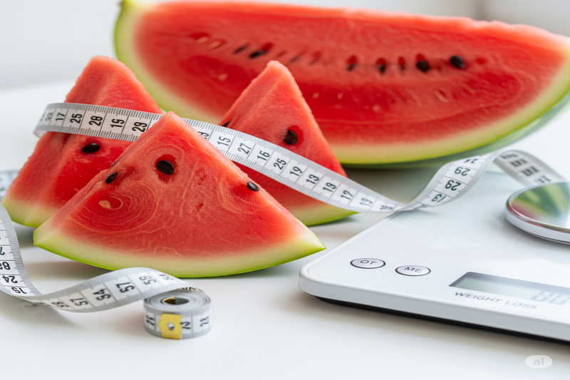 Fatias de melancia com fita métrica e balança, simbolizando perda de peso e dieta saudável.