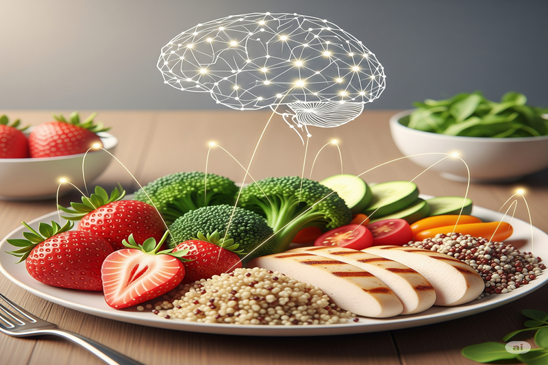 Um prato com uma refeição equilibrada contendo peito de frango grelhado, quinoa, morangos, brócolis, tomate cereja e pepino, com linhas luminosas conectando os alimentos a um desenho de um cérebro acima