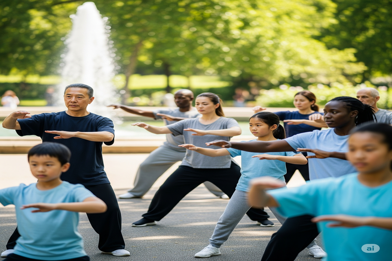 Grupo diverso de pessoas, incluindo crianças e adultos, praticando Tai Chi Chuan ao ar livre com um instrutor.