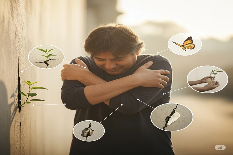 Homem abraçando a si mesmo, com imagens de plantas crescendo em rachaduras e uma borboleta emergindo, simbolizando resiliência e autocompaixão.