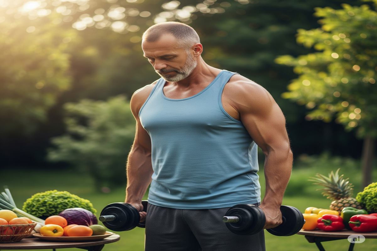Fraqueza Homem de meia-idade musculoso com halteres em um jardim, cercado por frutas e vegetais, simbolizando força, bem-estar e alimentação saudável.