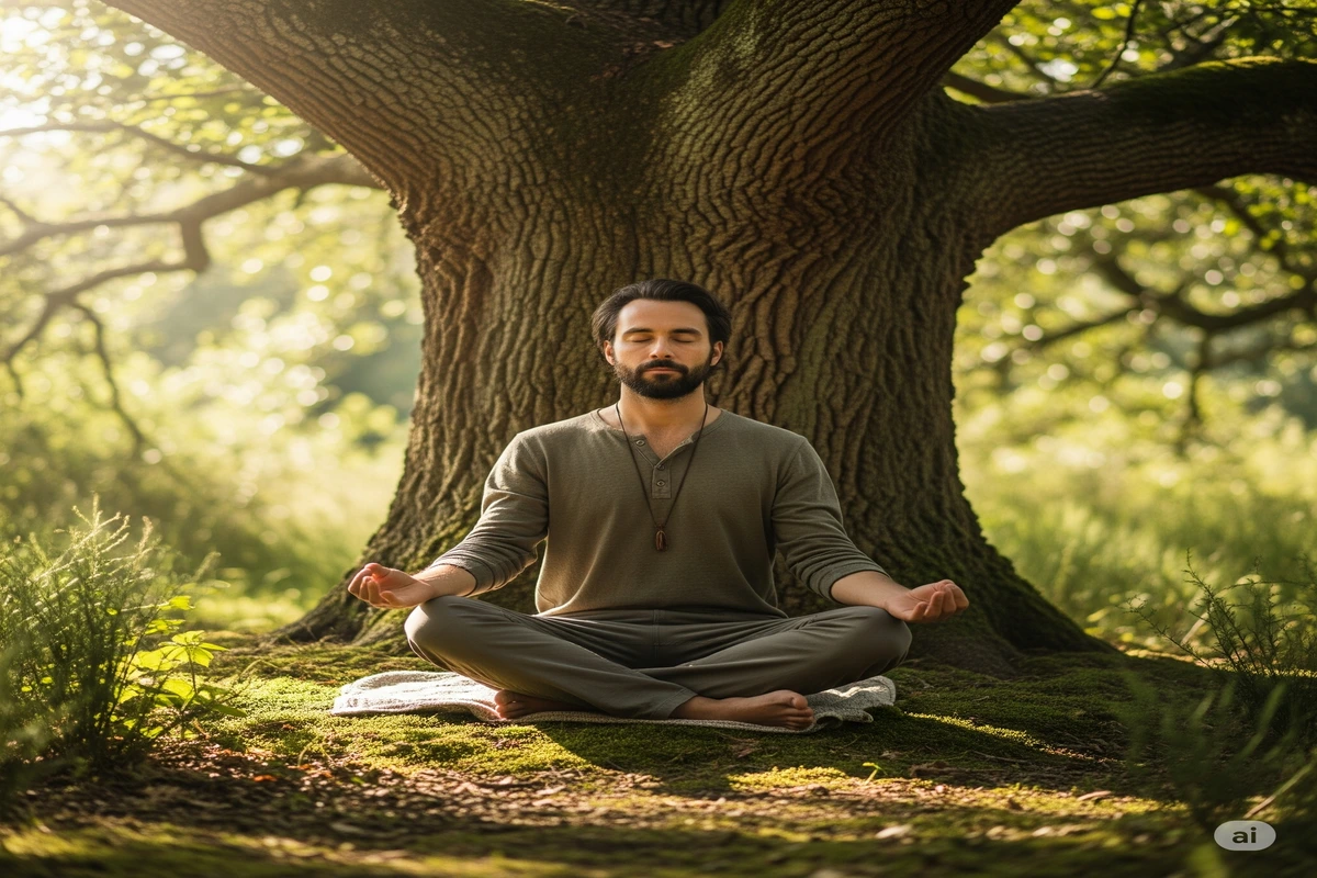 mindfulness Homem meditando em posição de lótus sob uma árvore frondosa, com luz solar suave e ambiente natural tranquilo.