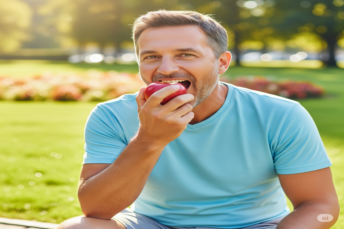 Prevenção de Doenças Homem sorrindo ao morder uma maçã vermelha em um parque ensolarado, simbolizando uma alimentação saudável.