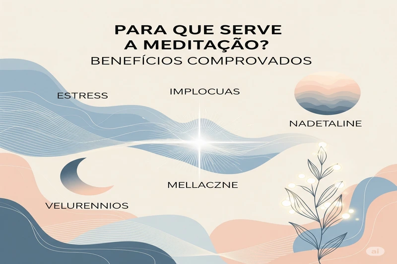 Ilustração abstrata com elementos que representam os benefícios da meditação redução de estresse (ondas), foco (luz central), sono (lua crescente) e bem-estar (planta com brilho).