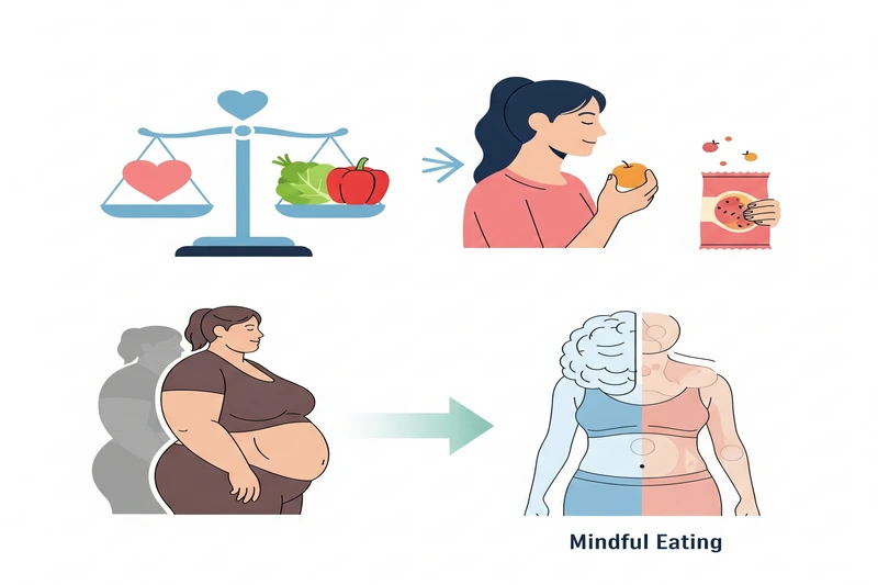 Ilustração conceitual mostrando a conexão entre mindfulness e perda de peso balança equilibrando coração e alimentos saudáveis, uma mulher escolhendo uma fruta em vez de um snack processado