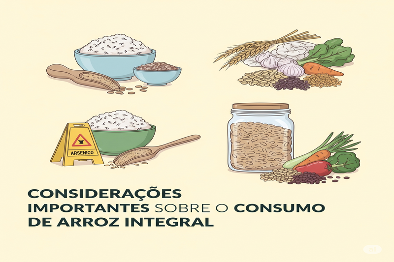 Ilustração de cuidados ao consumir arroz integral, incluindo a importância de lavar, diversificar grãos e armazenar corretamente, com um aviso sobre arsênio.