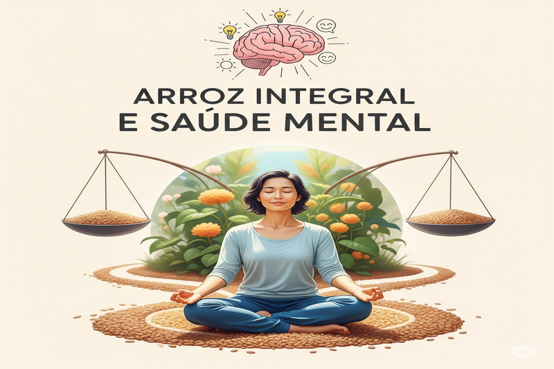 Ilustração de uma pessoa meditando com símbolos de um cérebro saudável e balanças com arroz integral, representando a conexão entre o grão e o bem-estar mental.