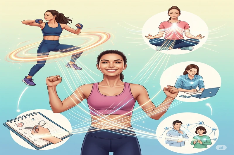 Ilustração de uma pessoa sorridente no centro, com várias atividades de autoaperfeiçoamento ao redor, como exercícios, meditação, planejamento e conexão social, interligadas por linhas de energia.