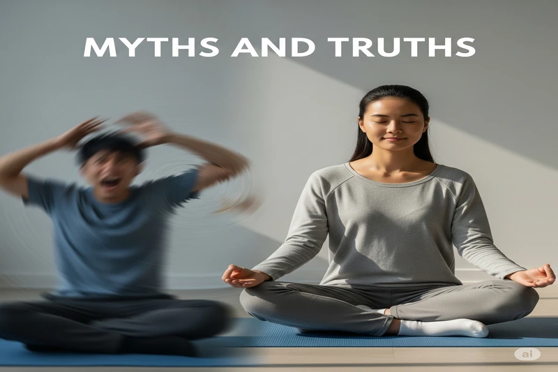 Imagem contrastante com uma pessoa em foco, calma e meditando, e outra pessoa desfocada, parecendo estressada, com o texto MYTHS AND TRUTHS, ilustrando mitos e verdades sobre a meditação guiada.