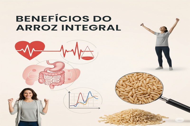 Infográfico visual mostrando os múltiplos benefícios do arroz integral para a saúde coração saudável, digestão, controle de açúcar no sangue, energia e riqueza nutricional.