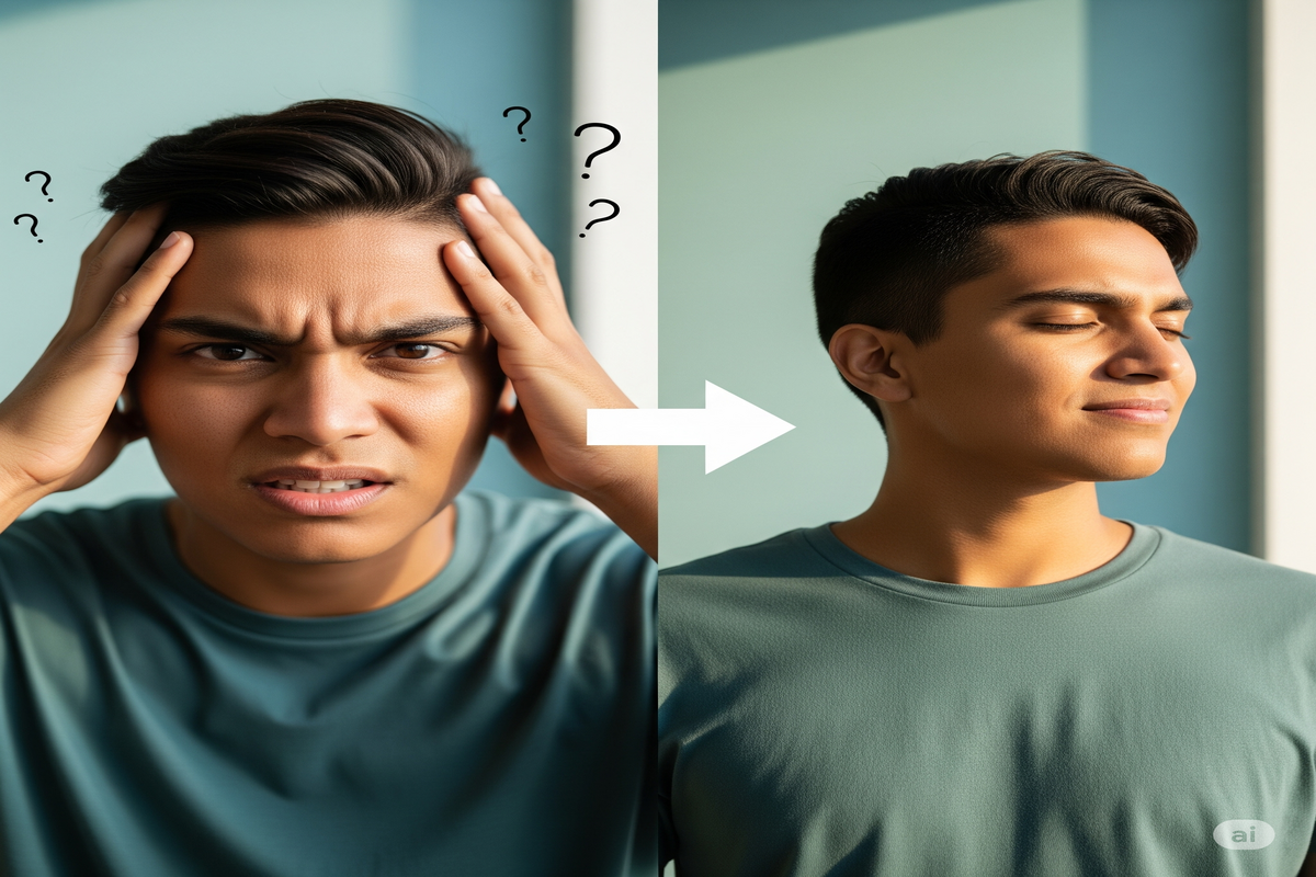 Irritabilidade Imagem dividida mostrando uma pessoa, à esquerda, com expressão de estresse e irritabilidade, segurando a cabeça, e à direita, a mesma pessoa com expressão calma e serena, olhos fechados,