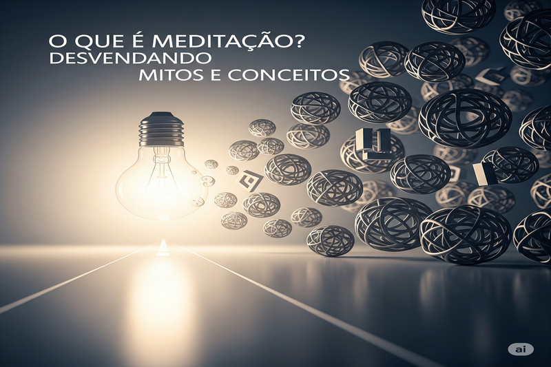 Lâmpada acesa iluminando conceitos abstratos, simbolizando o desvendamento de mitos sobre meditação e a busca por clareza.