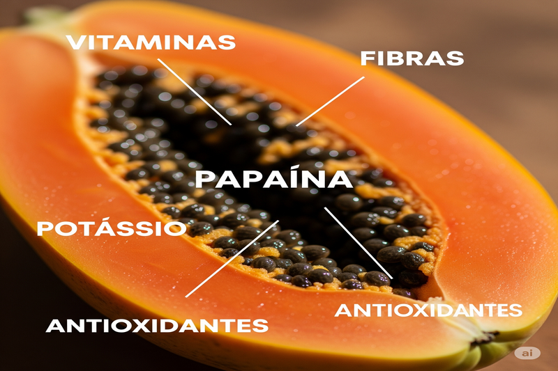 Mamão cortado ao meio com destaques textuais em português Vitaminas, Fibras, Papaína, Potássio e Antioxidantes, ilustrando seus componentes nutricionais essenciais.