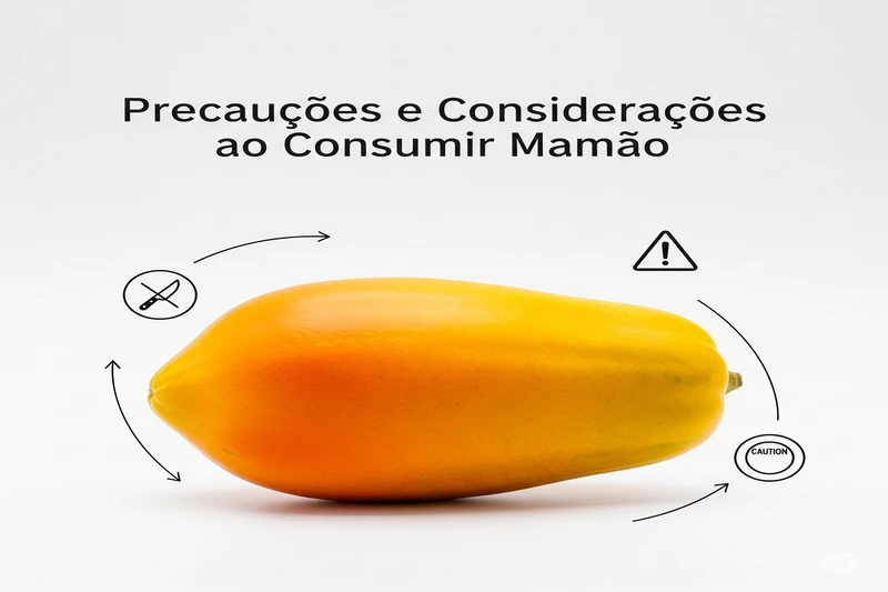 Mamão maduro com ícones de precaução e o título em português Precauções e Considerações ao Consumir Mamão, indicando a necessidade de cautela no consumo.