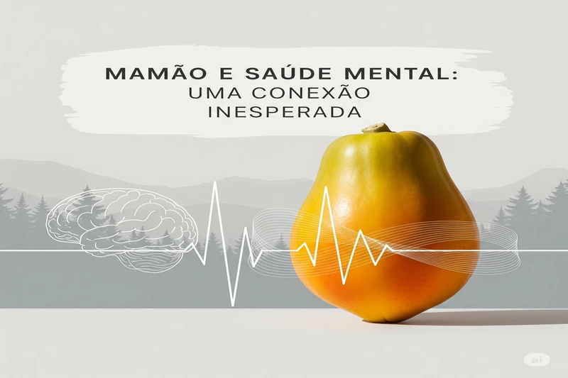 Mamão maduro com ilustração de cérebro e ondas cerebrais, e o título em português Mamão e Saúde Mental Uma Conexão Inesperada, simbolizando a relação entre nutrição e bem-estar mental.