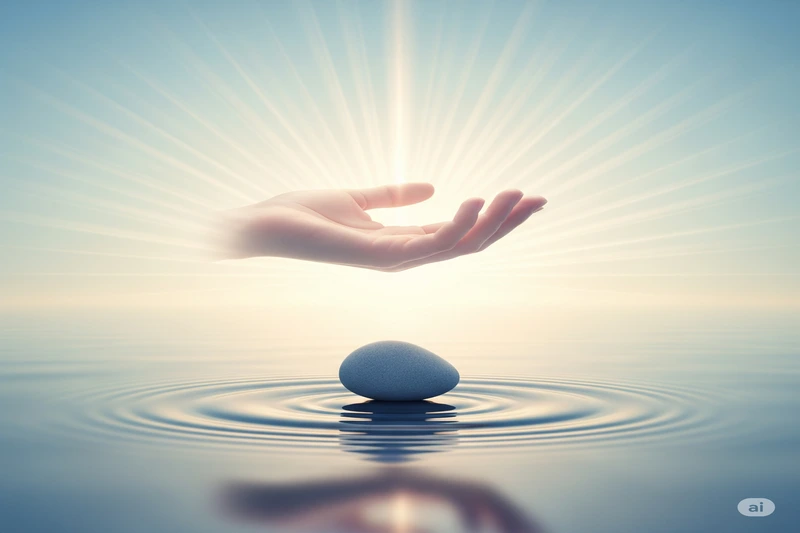 Mão aberta acima de uma pedra equilibrada na água com ondas concêntricas e luz celestial, simbolizando os pilares do mindfulness