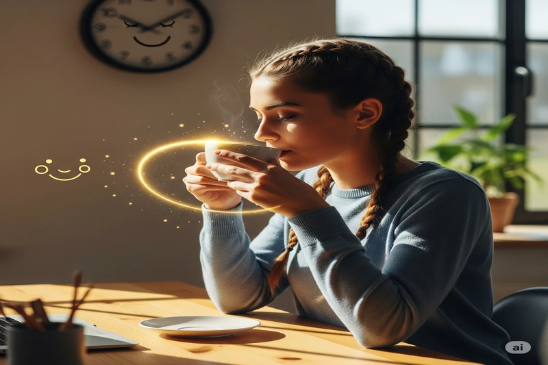 Mulher com tranças bebendo chá em uma mesa com um brilho dourado ao redor da xícara, simbolizando a prática de mindfulness em atividades diárias