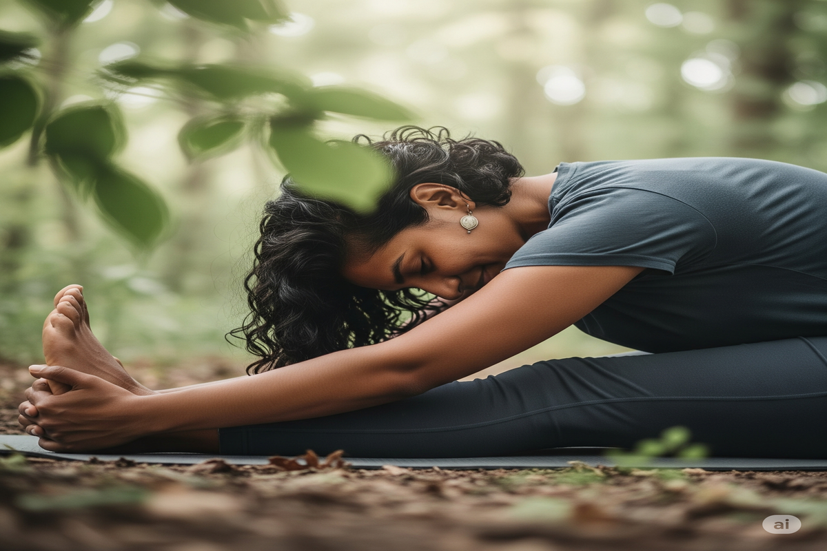 Mulher de cabelos escuros cacheados em uma pose de yoga de alongamento suave, sentada no tapete no meio de uma floresta tranquila