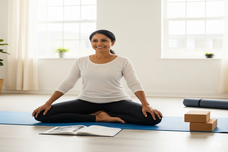 Mulher de meia-idade, de origem sul-asiática, sentada em um tapete de yoga azul em uma pose simples de pernas cruzadas