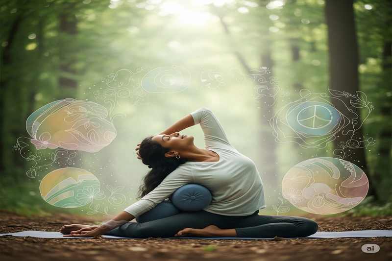 Mulher de origem sul-asiática em uma pose de yoga restaurativa (torção reclinada suave) em um tapete no meio de uma floresta exuberante.