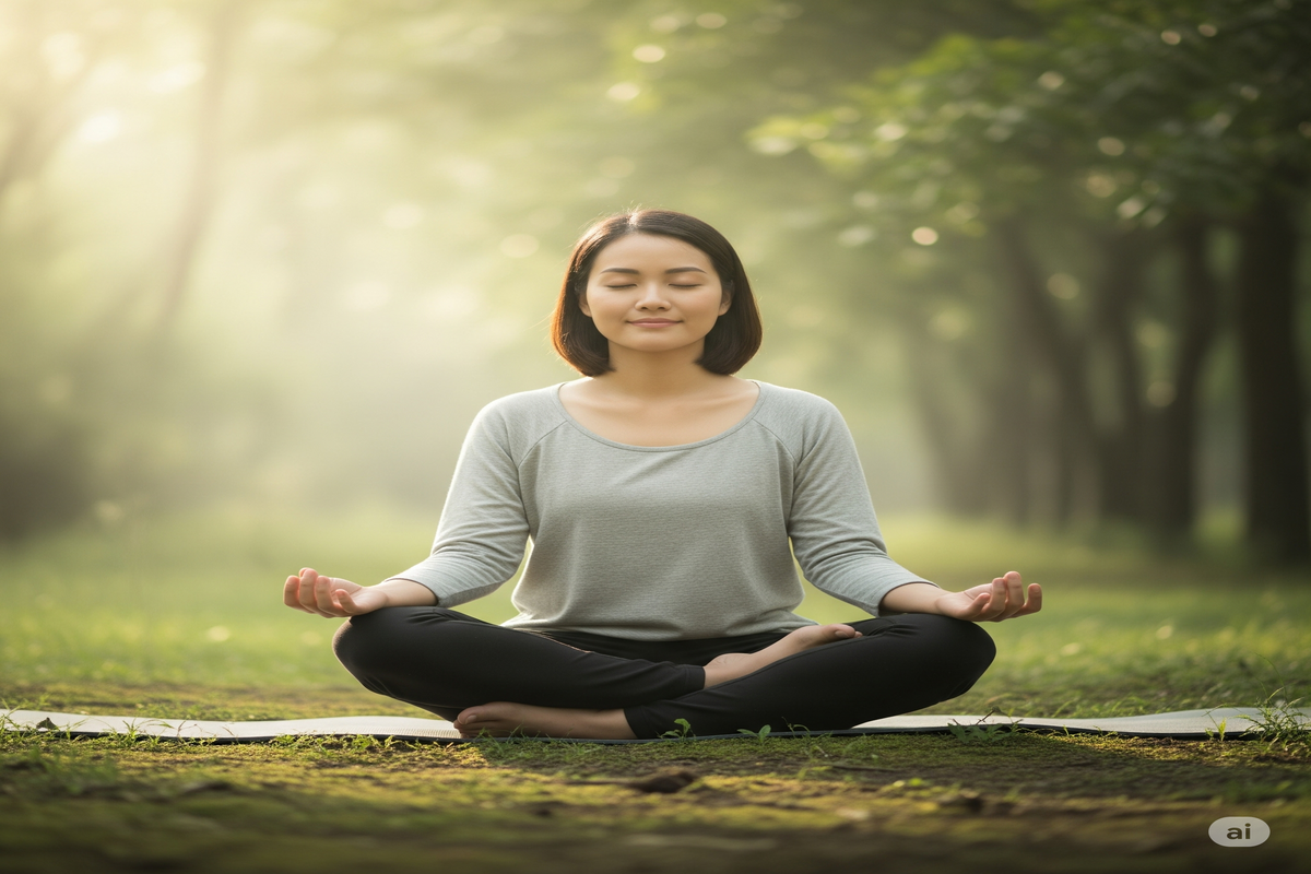 Mulher meditando tranquilamente em posição de lótus na natureza, com foco na atenção plena e bem-estar. Ideal para iniciantes.