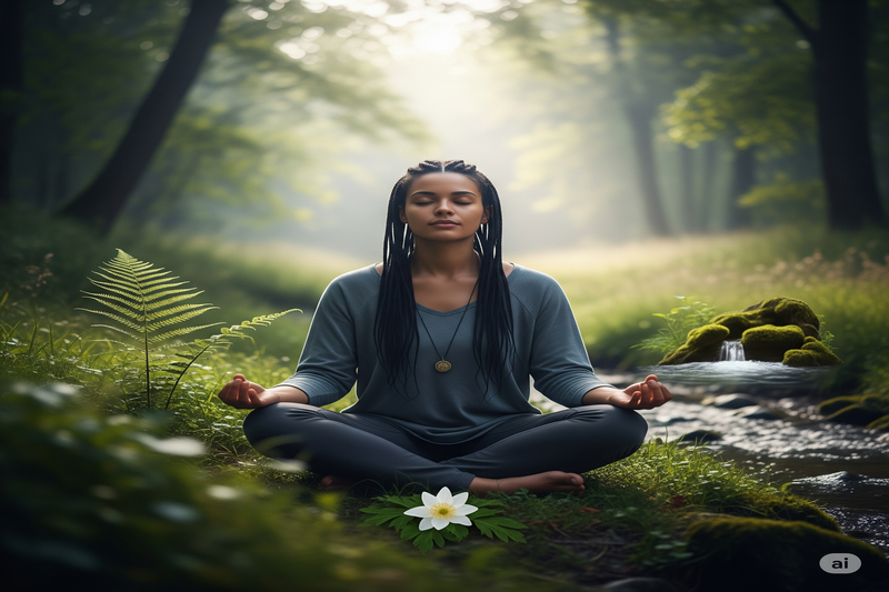 Mulher meditando tranquilamente em uma floresta, com elementos naturais como um riacho e folhagens, simbolizando paz interior, resiliência e saúde mental.