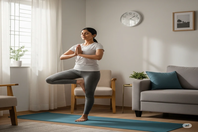 Mulher morena praticando a postura da árvore (Vrksasana) descalça em um tapete de yoga azul claro na sala de estar de sua casa.