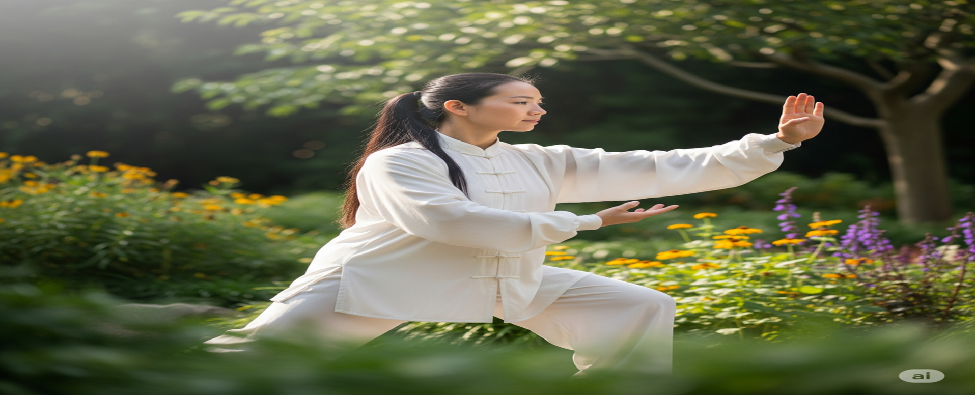 Mulher praticando Tai Chi Chuan em um jardim sereno, com movimentos fluidos e graciosos ao pôr do sol.