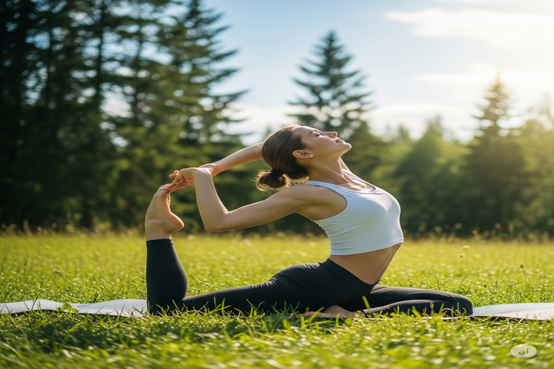 Mulher praticando yoga em um gramado ensolarado, demonstrando flexibilidade e calma, simbolizando os benefícios do exercício para o bem-estar e a redução da irritabilidade.