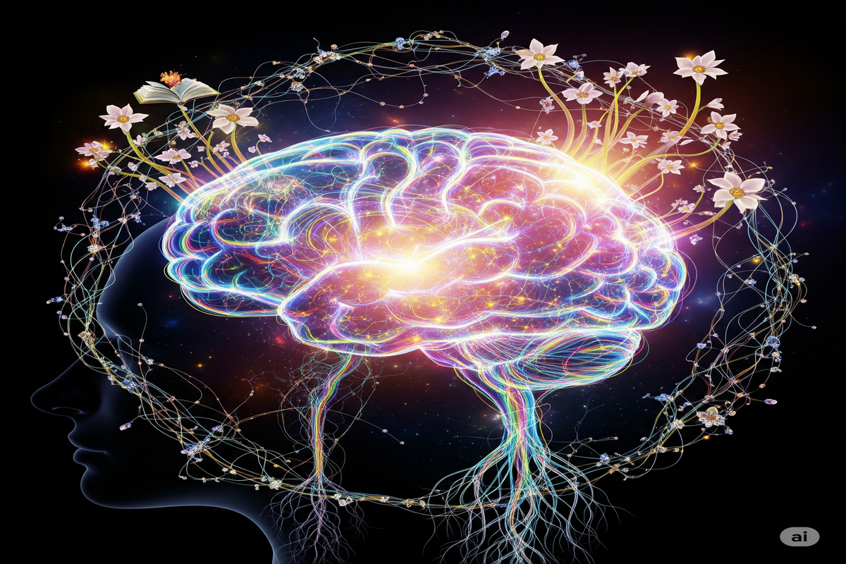 Neuroplasticidade Representação abstrata e vibrante de um cérebro humano com conexões neurais luminosas e intrincadas, mostrando crescimento, aprendizado e transformação