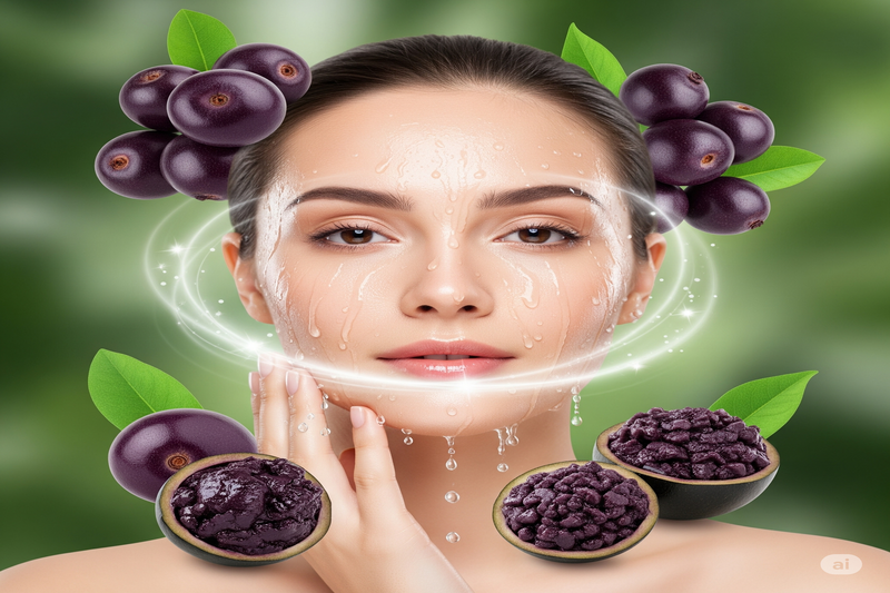 Pele radiante e saudável com açaí, destacando os benefícios antioxidantes e hidratantes da fruta para um brilho natural de dentro para fora.