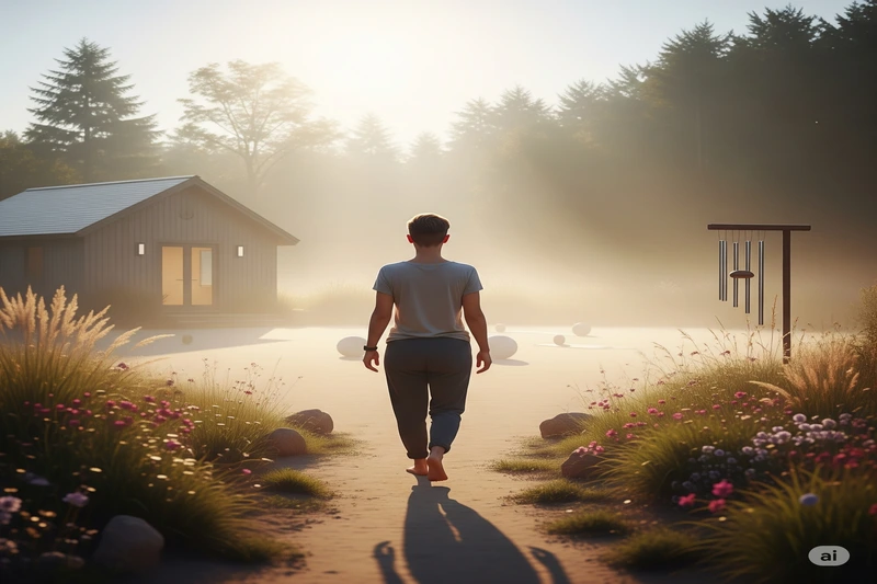 Pessoa caminhando descalça em um caminho de terra em direção a uma casa e sinos de vento ao amanhecer, simbolizando o primeiro passo em uma jornada de bem-estar e serenidade com a meditação guiada.
