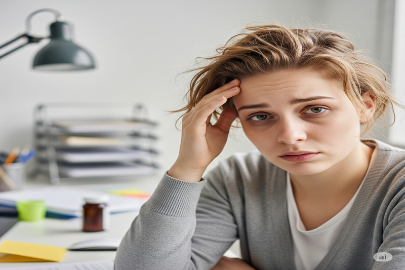 Pessoa com expressão cansada e olhos fundos, indicando fadiga e baixa energia, sintomas comuns da deficiência de Vitaminas do Complexo B