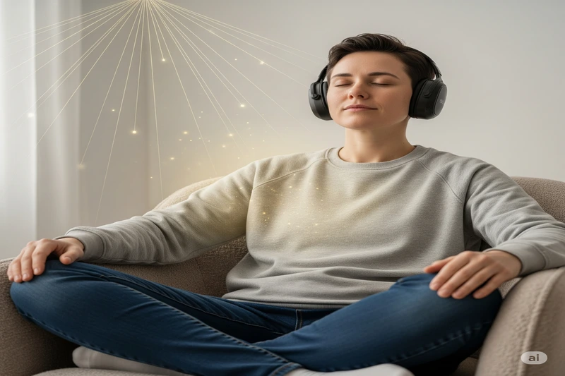 Pessoa com fones de ouvido meditando confortavelmente em uma poltrona, com raios de luz simbolizando orientação, representando a meditação guiada para iniciantes.