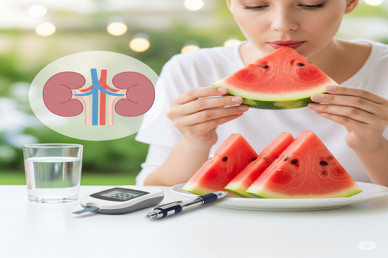 Pessoa comendo melancia ao lado de medidor de glicose e representação de rins, indicando consumo consciente para diabetes e saúde renal.