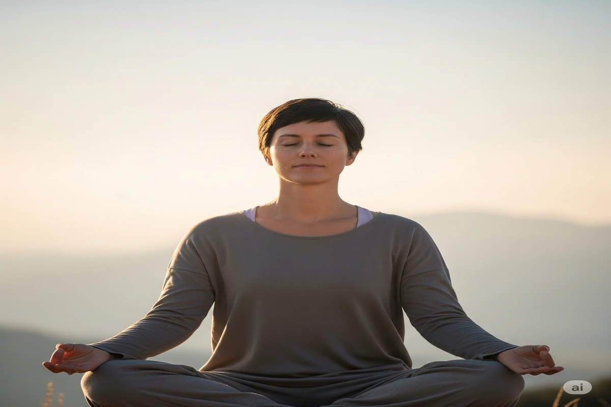 Pessoa em pose de meditação com olhos fechados ao pôr do sol, transmitindo paz e serenidade, ideal para iniciantes em meditação guiada.