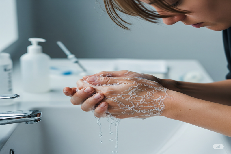 Pessoa lavando as mãos com sabão e água, com frascos e seringa ao fundo, enfatizando higiene e prevenção de doenças.