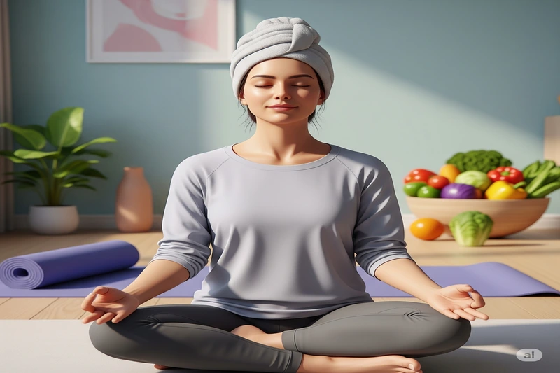 Pessoa meditando em pose de lótus em um ambiente doméstico, com tapete de yoga e tigela de frutas ao fundo, simbolizando a integração da meditação com um estilo de vida saudável.