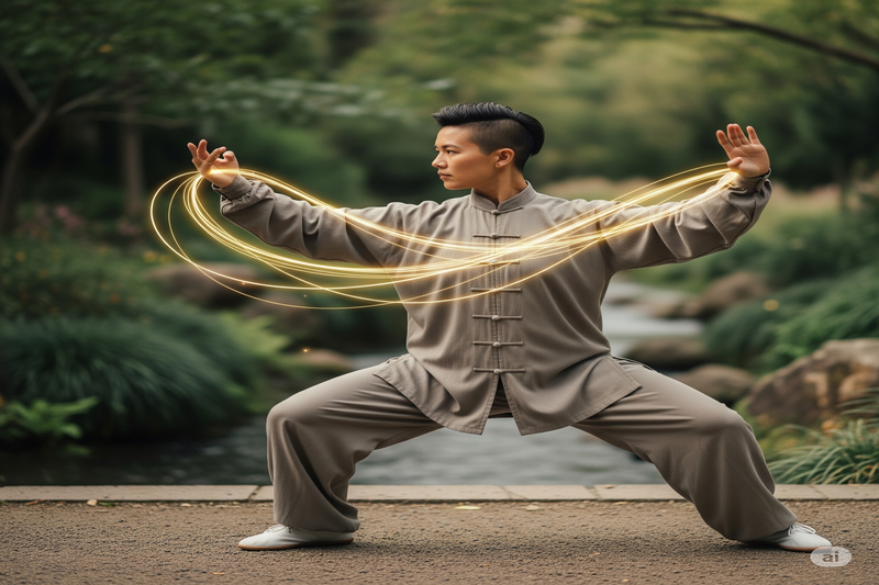 Pessoa praticando Tai Chi Chuan em um ambiente natural, com feixes de luz dourada simbolizando energia e equilíbrio.