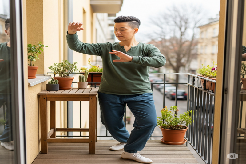 Pessoa praticando Tai Chi Chuan em uma varanda, mostrando como integrar a prática na rotina diária.