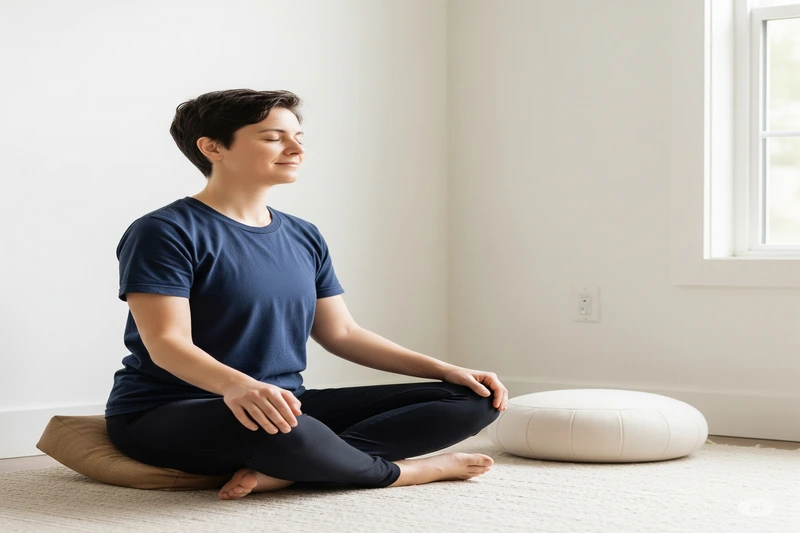 Pessoa sentada em almofada de meditação em um ambiente claro e minimalista, com olhos fechados e expressão calma, representando o início da prática de meditação guiada.