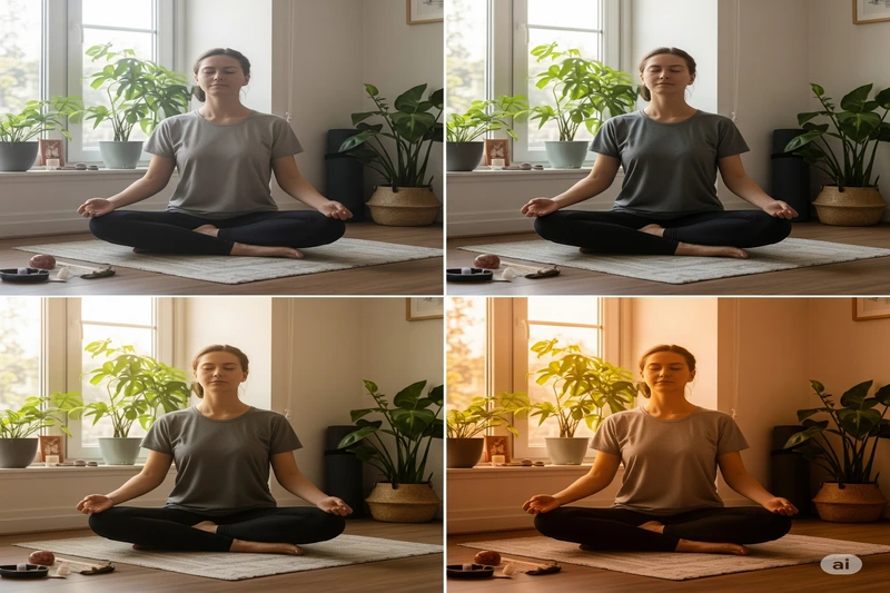 Quatro painéis mostrando a mesma pessoa meditando em diferentes momentos do dia (manhã, tarde, noite), ilustrando a importância da consistência na prática da meditação guiada.