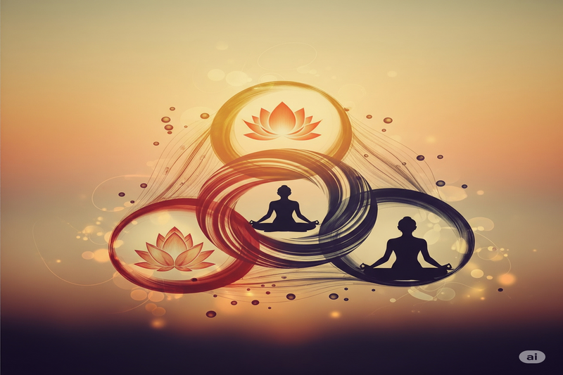 Representação abstrata dos pilares da yoga, com três círculos interconectados.