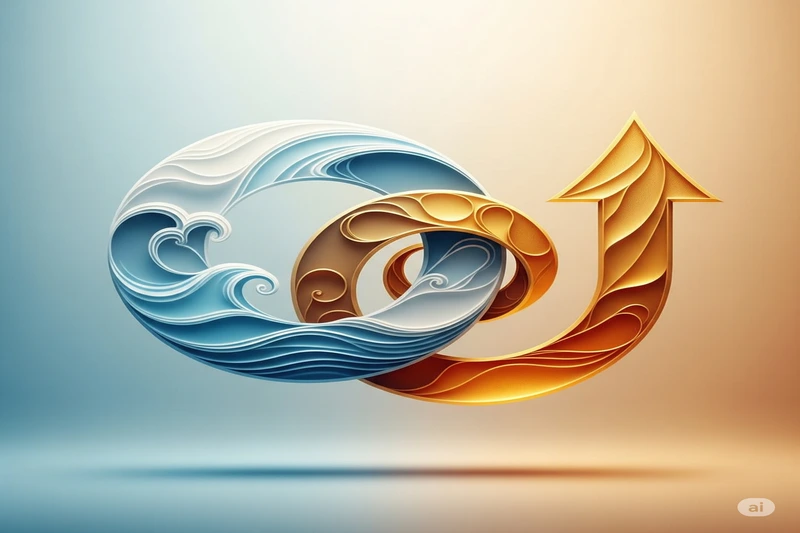 Símbolos abstratos interligados, um representando saúde mental (círculo azul e branco com ondas) e outro motivação (seta dourada para cima), ilustrando sua conexão.