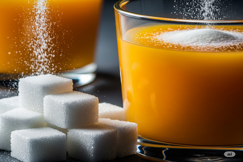 Suco de laranja com açúcar sendo adicionado e cubos de açúcar, destacando alto teor de açúcar.